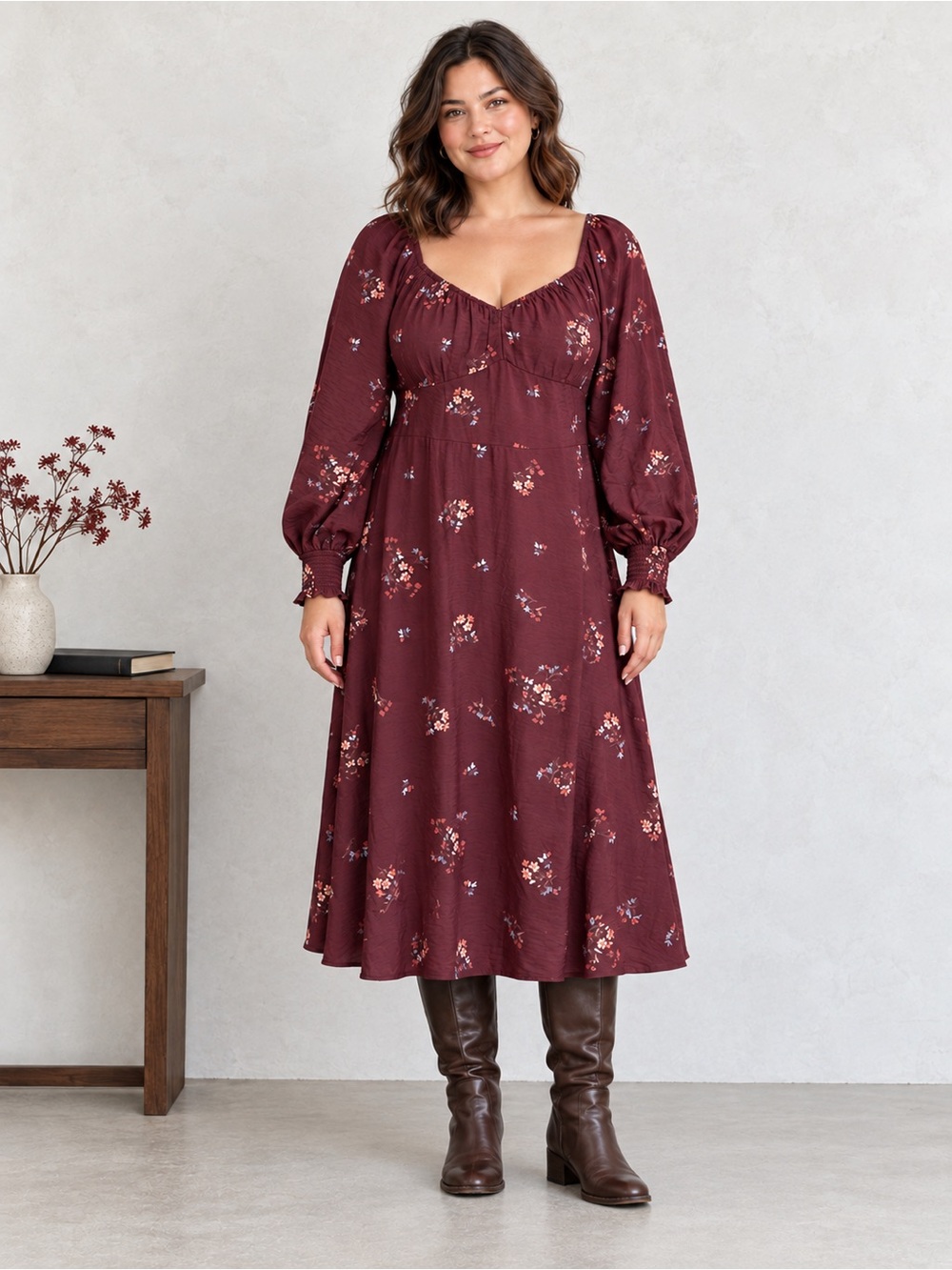 Burgundy Floral Smocked Back Midi Dress Cottagecore Prairie XL